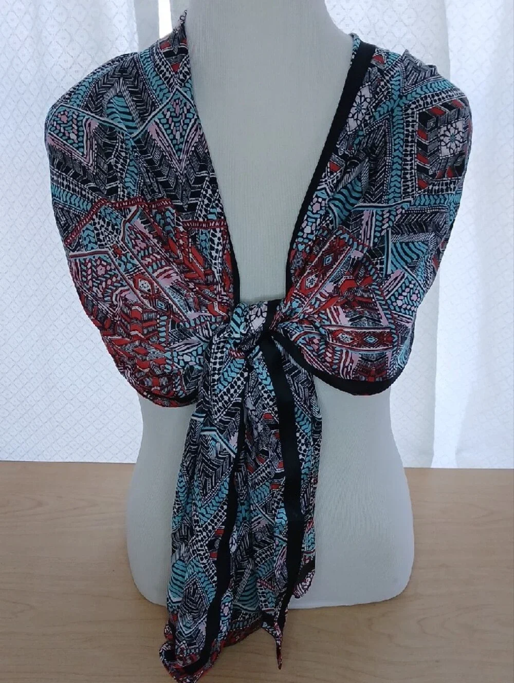 Geometric Tribal Print Lightweight Scarf Wrap - Black, Teal & Red